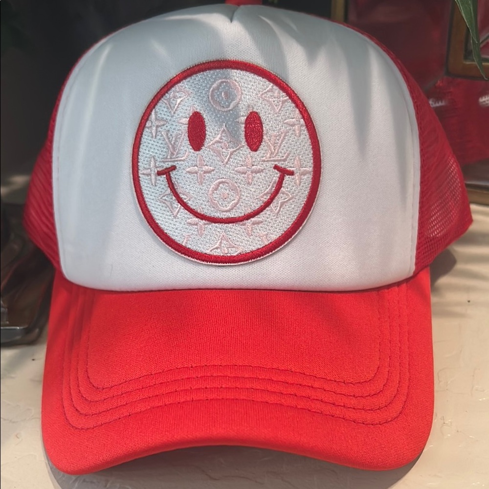 Red and White Smiley Face Trucker Hat
